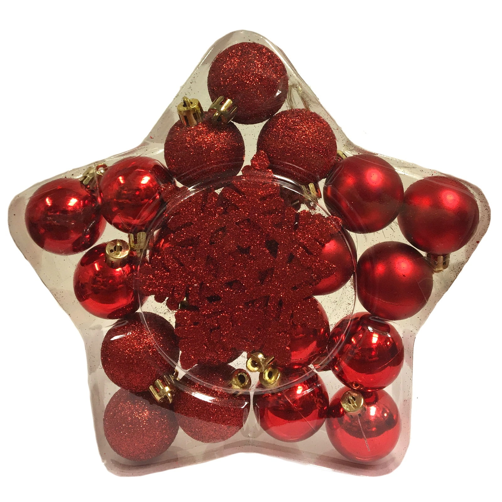 Red Balls with Glitter Snowflakes Christmas Ornaments Set of 24 New