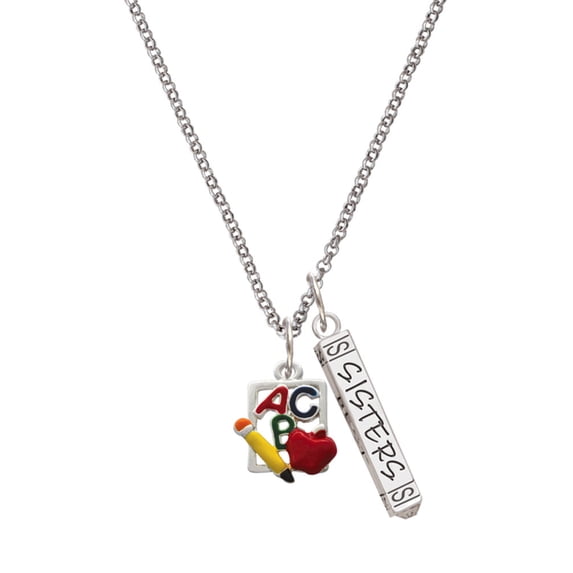 Delight Jewelry Silvertone ABC Cutout School Slate Silvertone Sisters Best Friends Forever Bar Charm Necklace, 23"