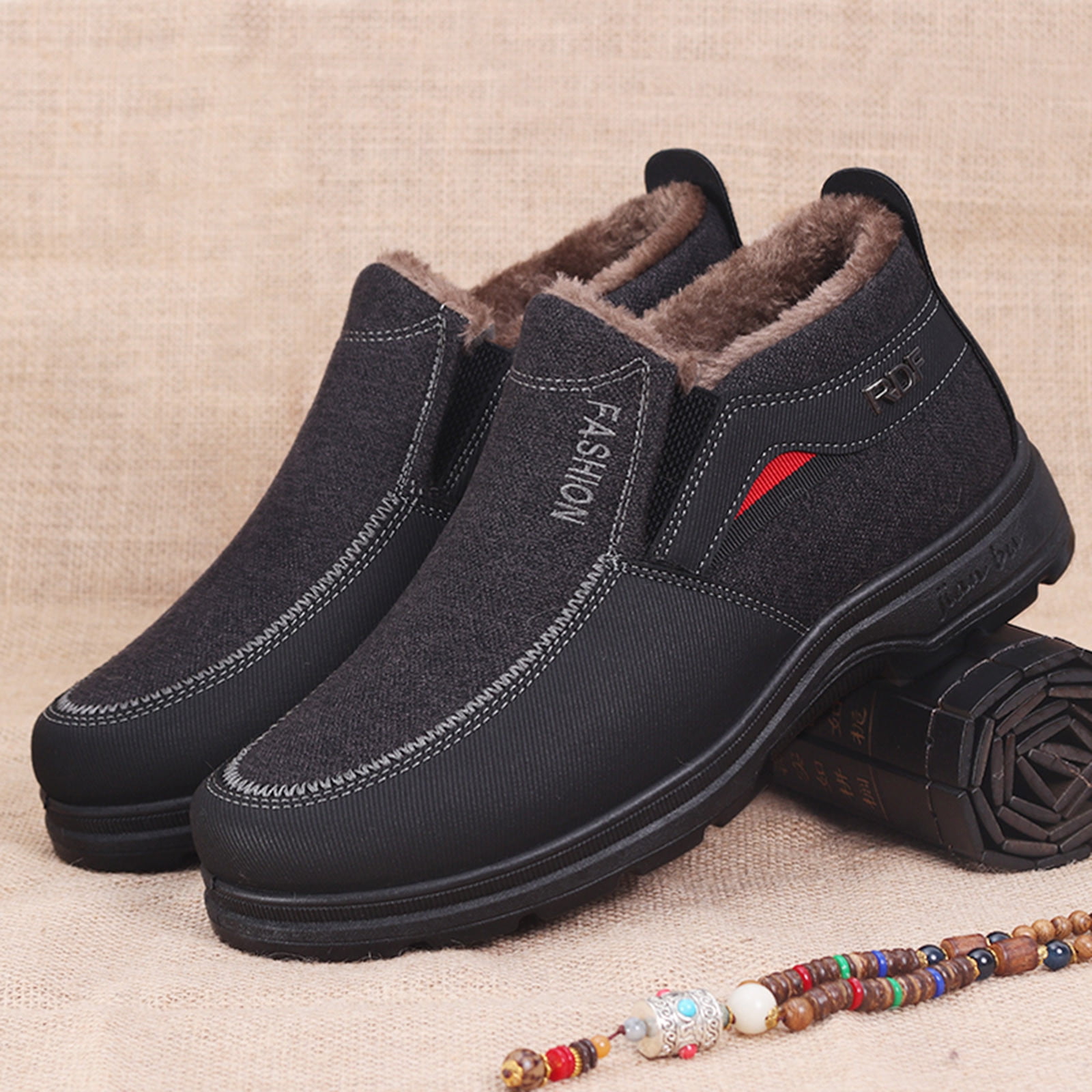 Chenyee Men's Winter Slip On Warm Ankle Boots Outdoor Non Slip Furry Lined Comfortable Hiking Walking Shoes