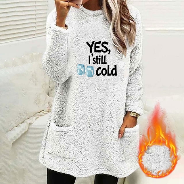 Heisall Womens Autumn Winter Fleece Sweatshirts Round Neck Letter Print Pocket Long Sleeve Thickened Warm Casual Daily Wear