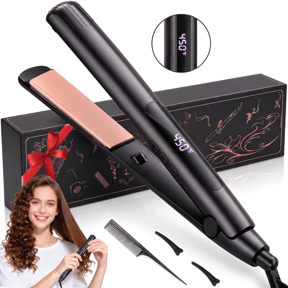 STARBIAO 1 Inch Flat Iron Hair Straightener and Curler, 2 in 1 Titanium Ceramic Styling Tool, Up to 450°F, Ionic, Dual Voltage, Black