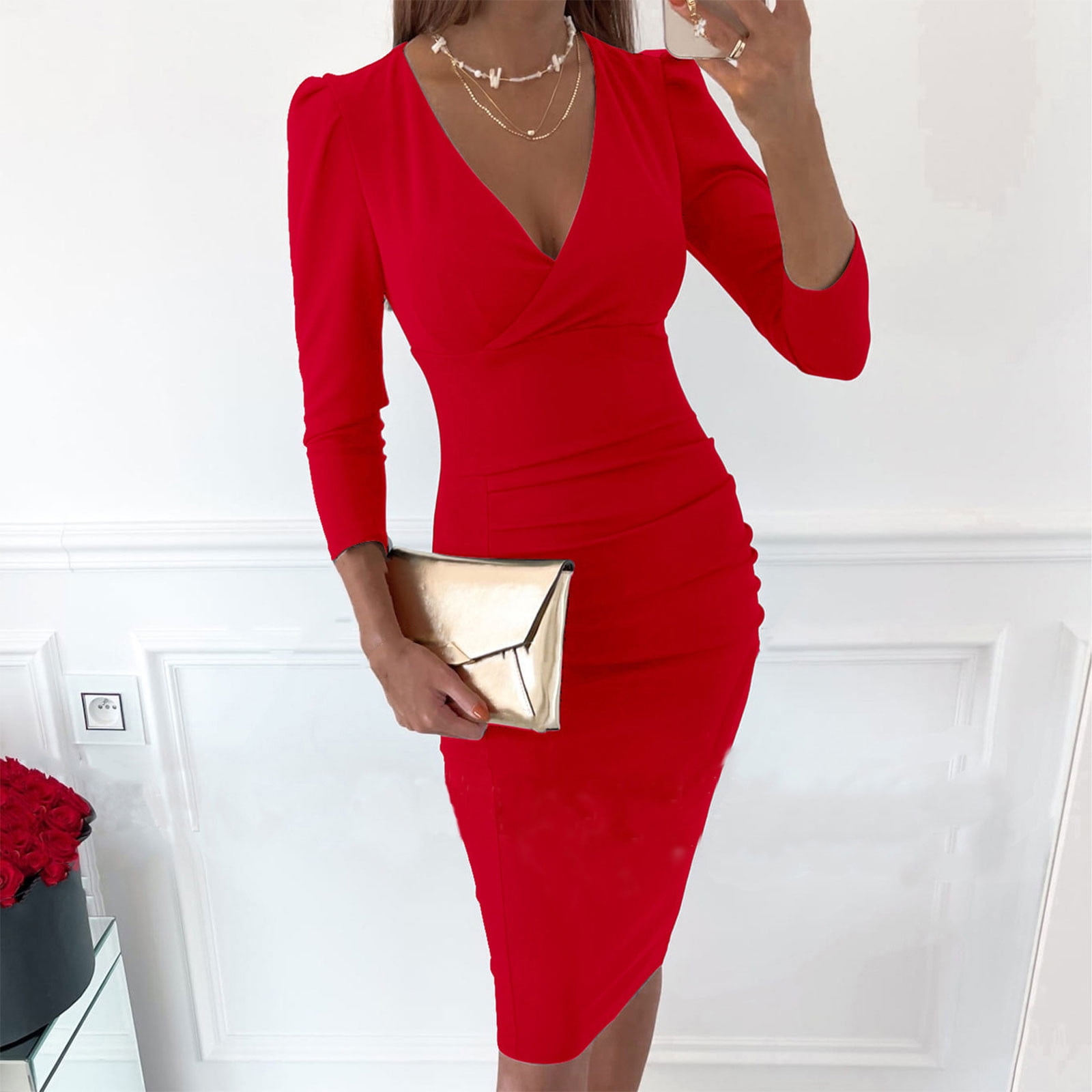 SMihono Clearance Hem Ruched Long Sleeve Waist Hip Dress Womens Plus Slim  Fit Skinny Sexy Wrap V Neck Solid Color Slimming Female Outerwear Red M