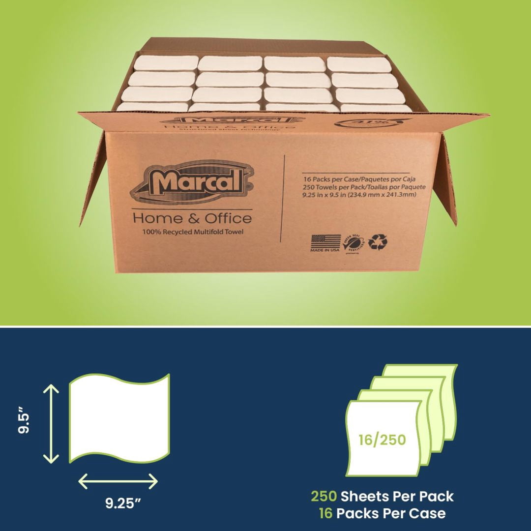 Marcal® Multifold Paper Towels (H3250W), 9.25” x 9.5” sheets, White, (250 Sheets/Pack, 16 Packs/Case, 4,000 Sheets/Case), Perfect for Home & Office, Away-from-Home Products, Bulk Towels