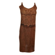 Mogul Women's Brown Strappy Tank Tunic Dress Boho Chic Embroidered Midi Dress S