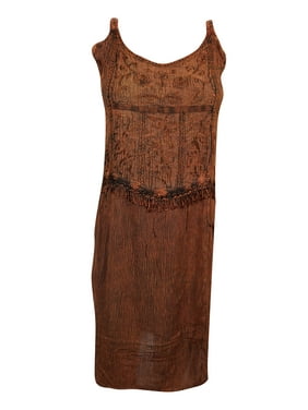 Mogul Women's Brown Strappy Tank Tunic Dress Boho Chic Embroidered Midi Dress S