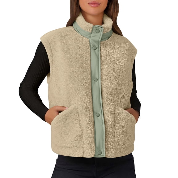 Gfyviroh Women's Fleece Vest Jackets Patchwork Snap Button Sleeveless Jackets with Pockets Stand Collar Lightweight Outerwear Coats