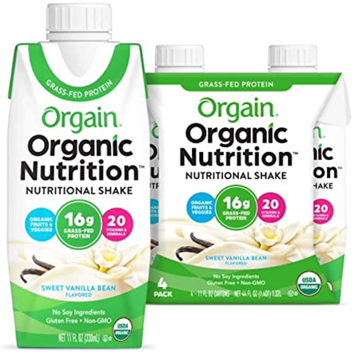 Orgain Organic Nutritional Shake, Vanilla Bean - Meal Replacement, 16G Grass Fed Whey Protein, 20 Vitamins & Minerals, Gluten Free, Soy Free, Kosher, Non-Gmo, 11 Ounce, 4 Count