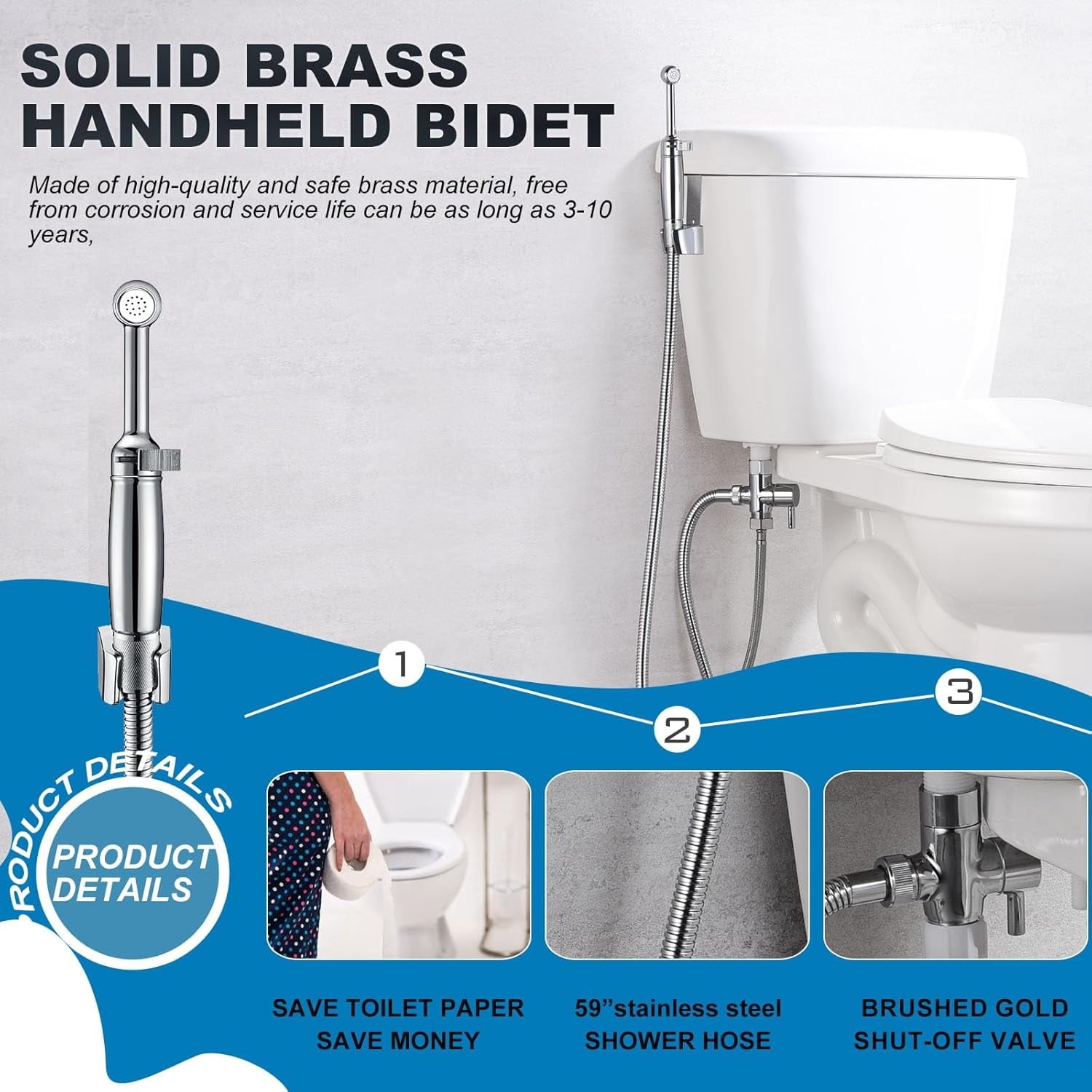 Handheld Bidet Sprayer for Toilet, All Metal Cloth Diaper Toilet Sprayer Bidet Attachment with Backflow Preventer, Adjustable Water Jet Spray, 7.2" Brass Hand Held Bidet Wand, Chrome