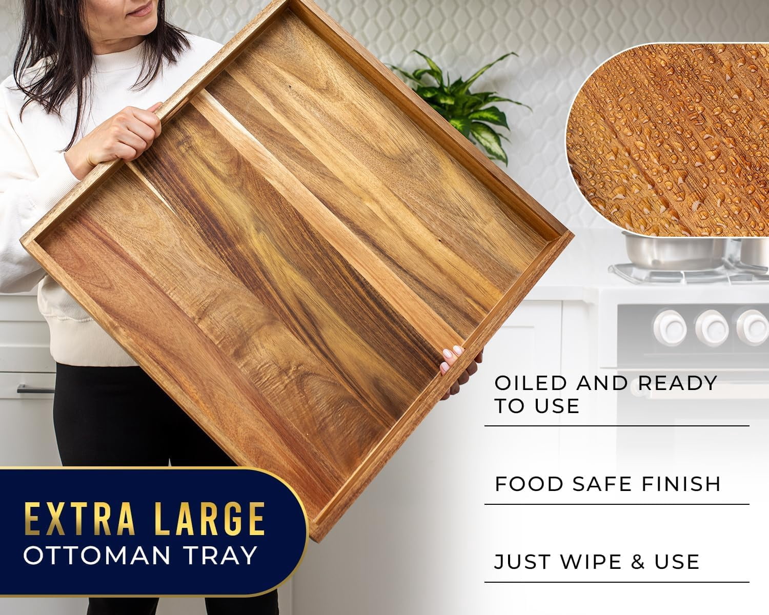 Comfify 22" Square Acacia Wood Serving Tray, Brown – Large Decorative Ottoman Tray with Handles for Food, Drinks & Home Organization