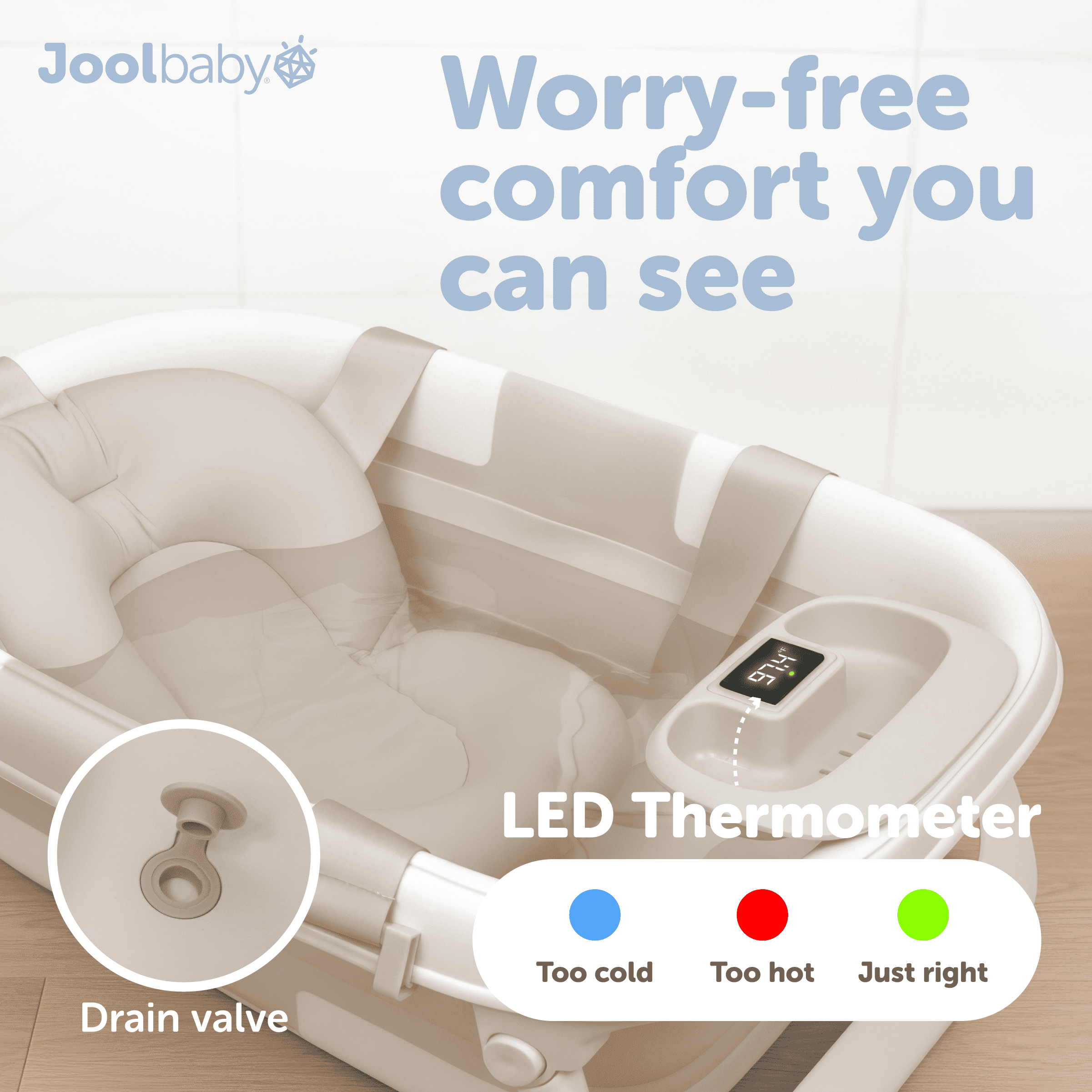 Jool Baby Fold ‘n Store Baby Bathtub – 3 Stage Collapsible Bather for Easy Storage, Portable for Travel – Built-in Thermometer (Oatmeal)