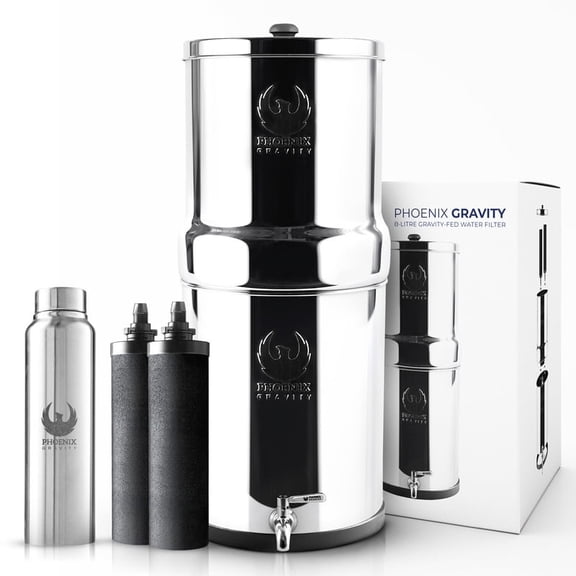 Phoenix Gravity - 4.25 Gallon Water Filter System AISI 304 Stainless Steel Gravity Fed Water Filter System, NSF Certified 2 Carbon Filter Elements & Free Stainless Steel Water Spigot