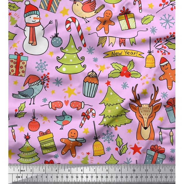 Soimoi polyester Crepe Fabric Gift Box,Snowman & Tree Christmas Printed Fabric 1 Yard 52 Inch Wide
