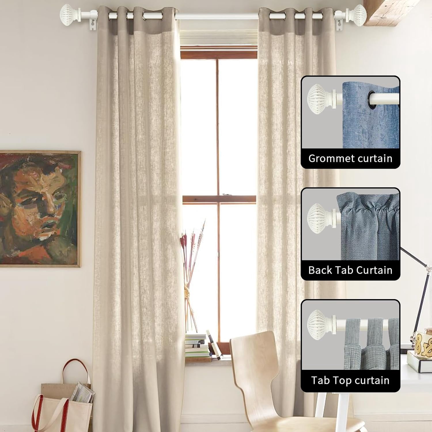 eTeckram 5/8" Single Curtain Rod with Bateau Finials,Weathered White,28‘’-48‘’