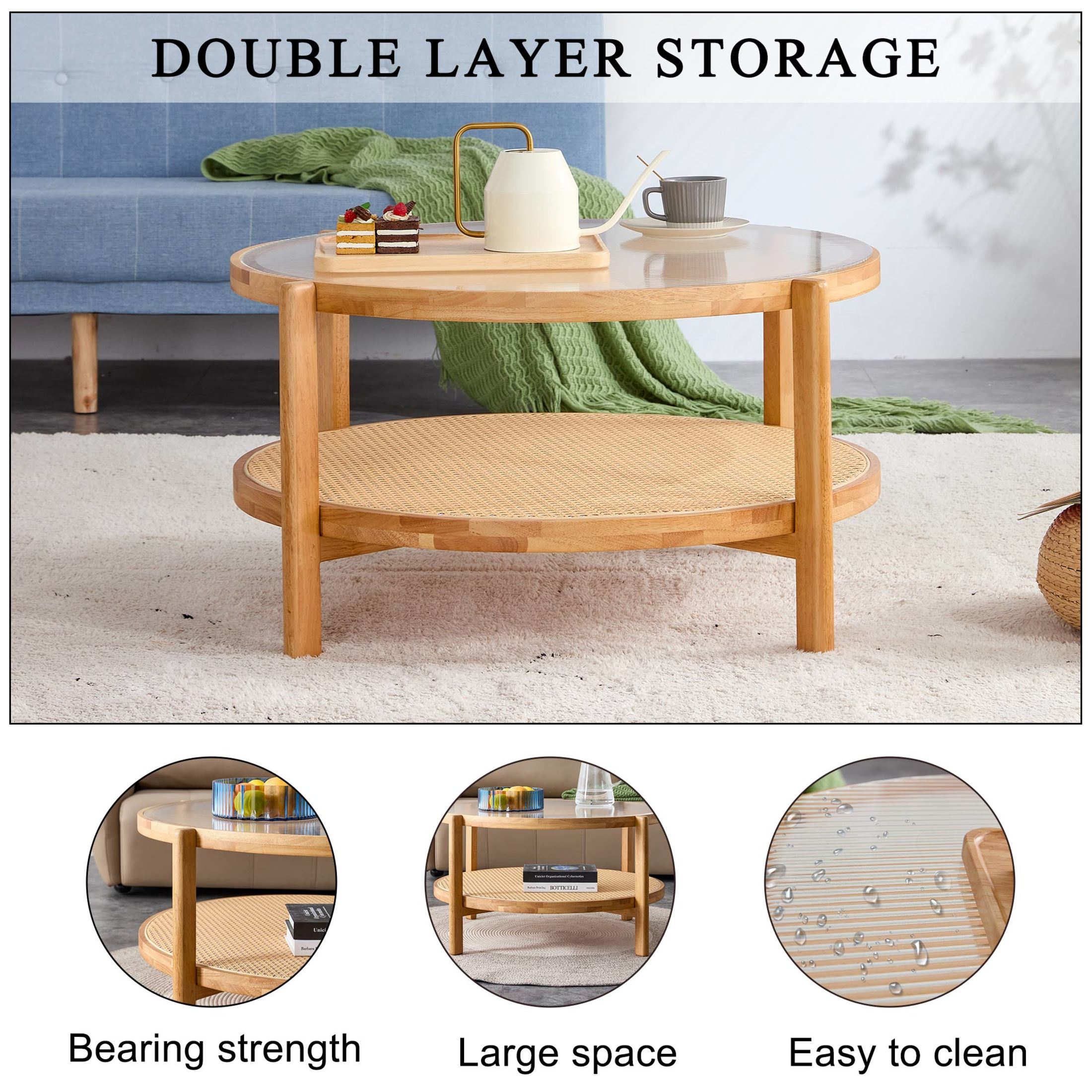 Noble House Double-Layer Round Tea Table, Solid Wood with Striped Glass Top & Rattan Shelf Coffee Table, Natural
