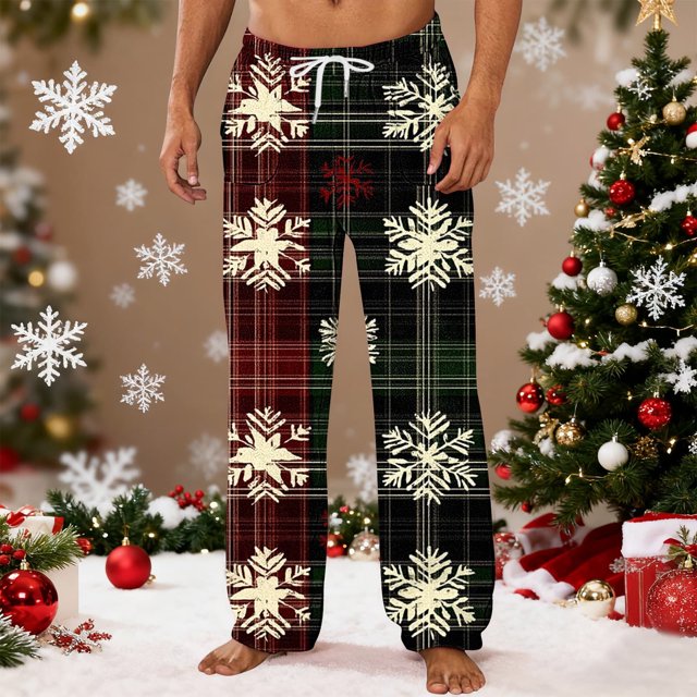 Xuniizn Pantalon de Pyjama de Noël pour Hommes, Imprimé à Carreaux en Polaire, Taille Élastique, Bas de Pyjama Décontracté avec Poches, Pantalon de Nuit Isolé Doux et Confortable pour les Fêtes