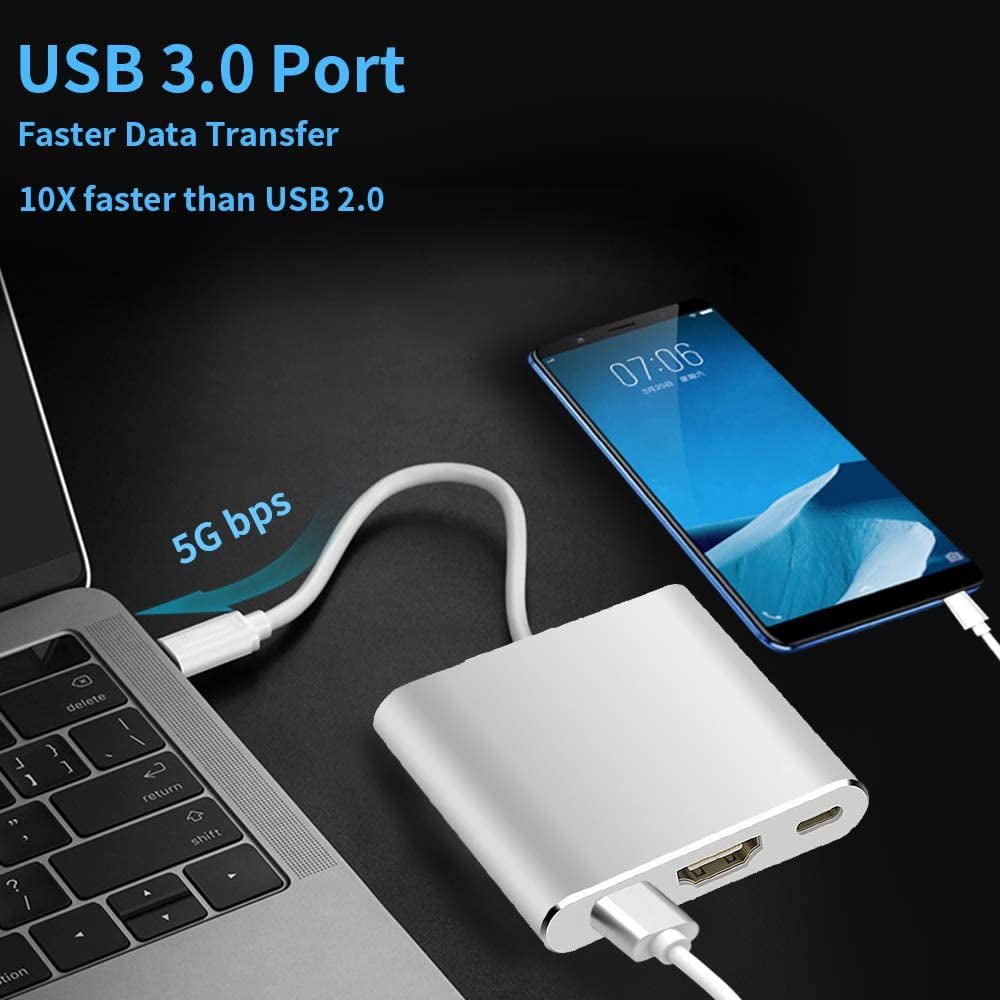 USB C to HDMI Multiport Adapter USB 3.1 Gen 1 Thumderbolt 3 to HDMI 4K Video Converter/USB 3.0 hub Port PD Quick Charging Port with Large Projection for 2015/16/17/18 MacBook/MacBook Pro/Chr