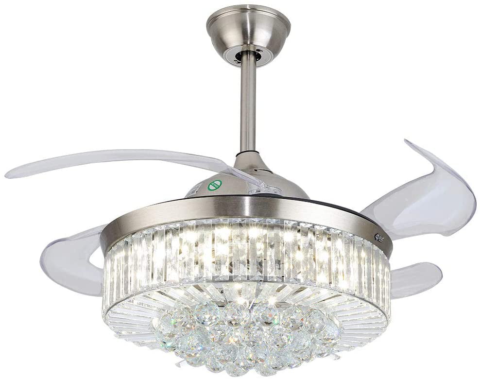 Oukaning 36 Inch Modern Crystal Ceiling, Chandelier Ceiling Fan With Crystal Lights And Retractable Blade 36 Inch Chrome