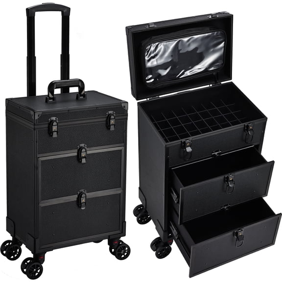 Rolling Makeup Train Case with Wheels 2 Extra Large Drawers Nail Organizer Cart for Mobile Makeup Artists Nail Techs