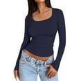 thumbnail image 2 of Womens Long Sleeve Shirts Fall Fashion Crop Tops Basic Layer Slim Fit Y2K Clothes 08-Navy XL, 2 of 5