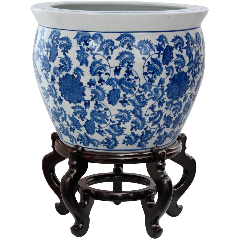 Oriental Furniture 18" Porcelain Fishbowl Blue & White Floral Walmart
