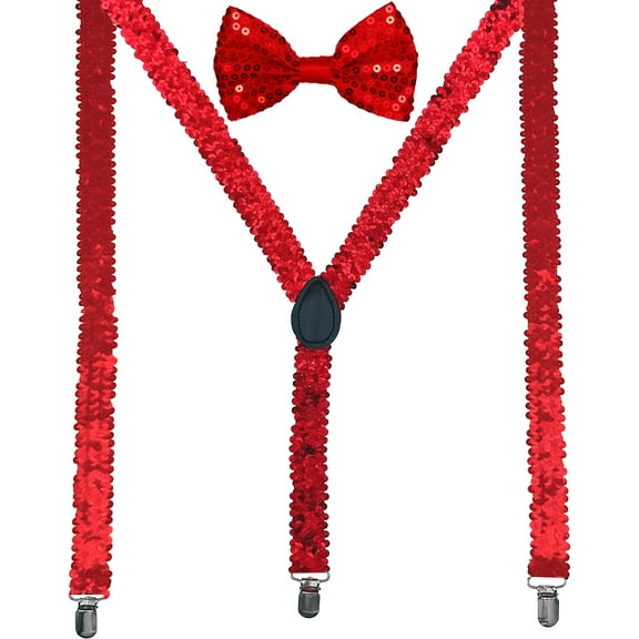 Adult Unisex RED SEQUINS Sequined Suspenders and Bow tie Set Adjustable BOXED GIFT SET