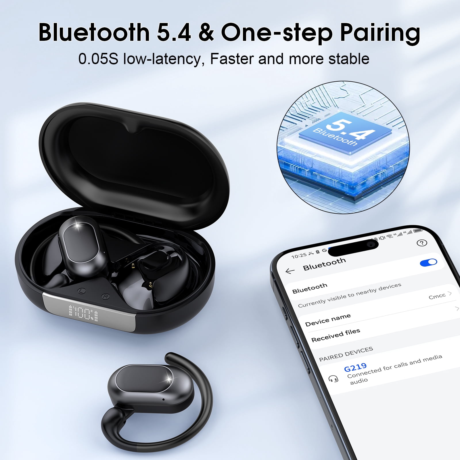 Open Ear Earbuds, Bluetooth 5.4 Headphones, Wireless Earbuds with Ear Hooks,70H HiFi Stereo Open Ear Headphones with Mic, IP7 Waterproof Lightweight Air Conduction Headphones for Workouts and Running