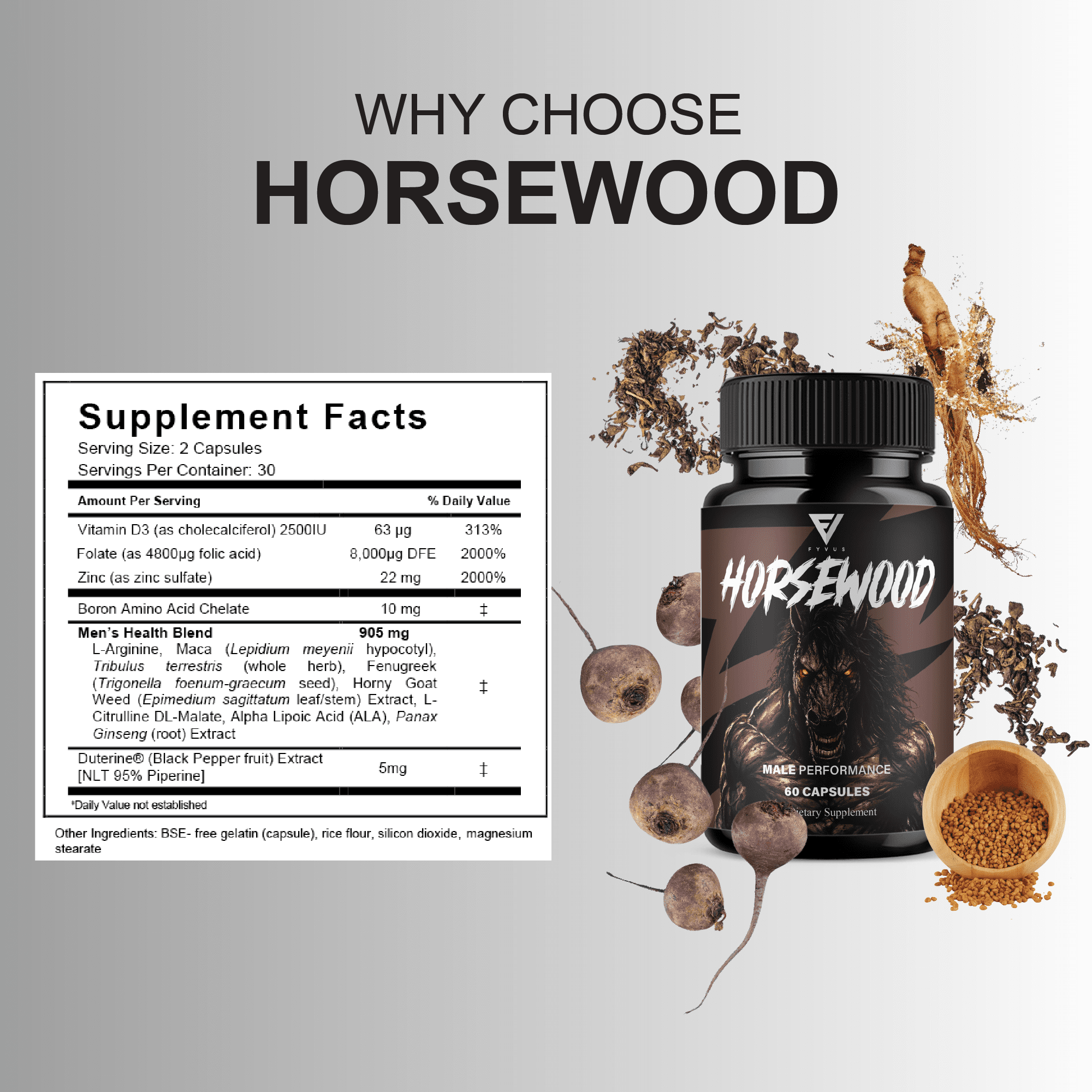 (5 Pack) Horsewood Male Support Supplement, Horse Wood Male Pills (300 Capsules)
