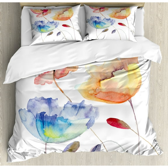 Watercolor Flower Duvet Cover Set, Summer Flowers in Retro Style Painting Effect Nature is Art, Decorative 3 Piece Bedding Set with 2 Pillow Shams, Calking Size, Orange Blue Red, by Ambesonne