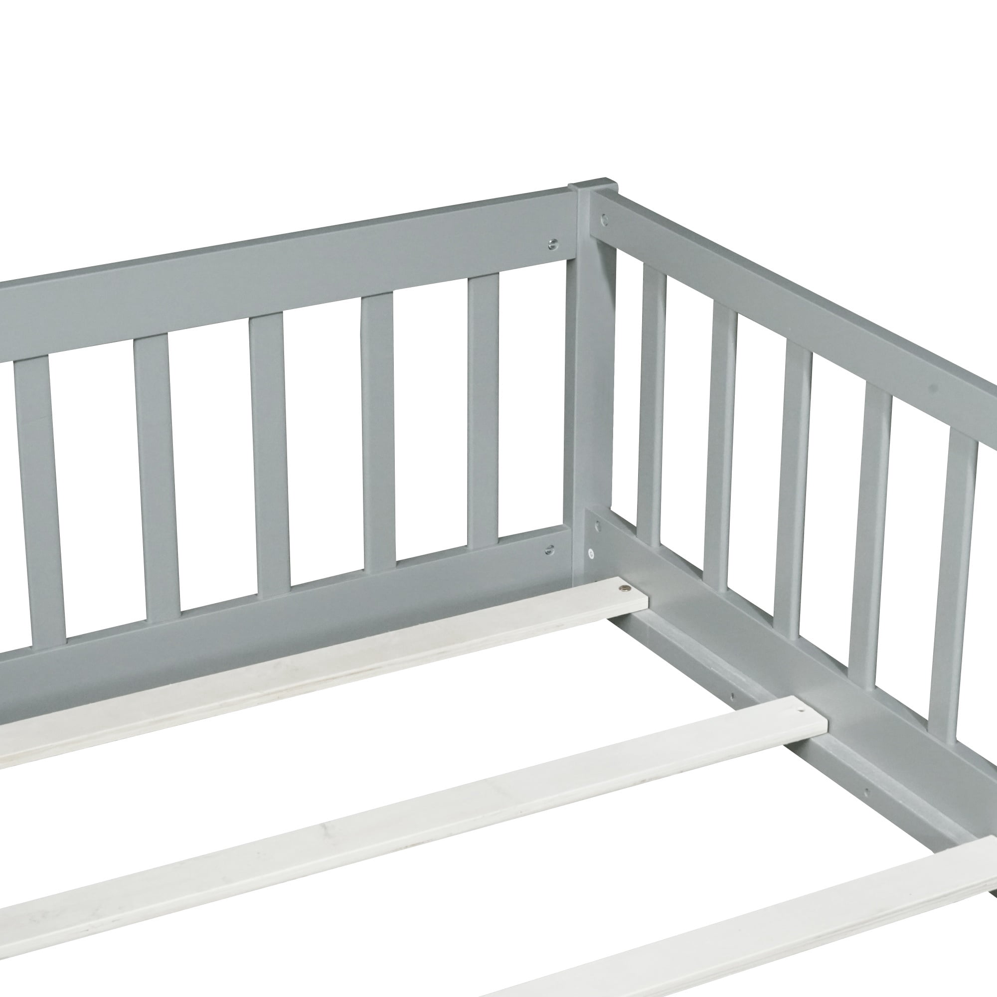 Alvantor Twin Size Floor Bed for Toddler, Solid Wood Floor Bed with Door and Fence Guardrail, Montessori Floor Bed for Boys, Girls,Gray