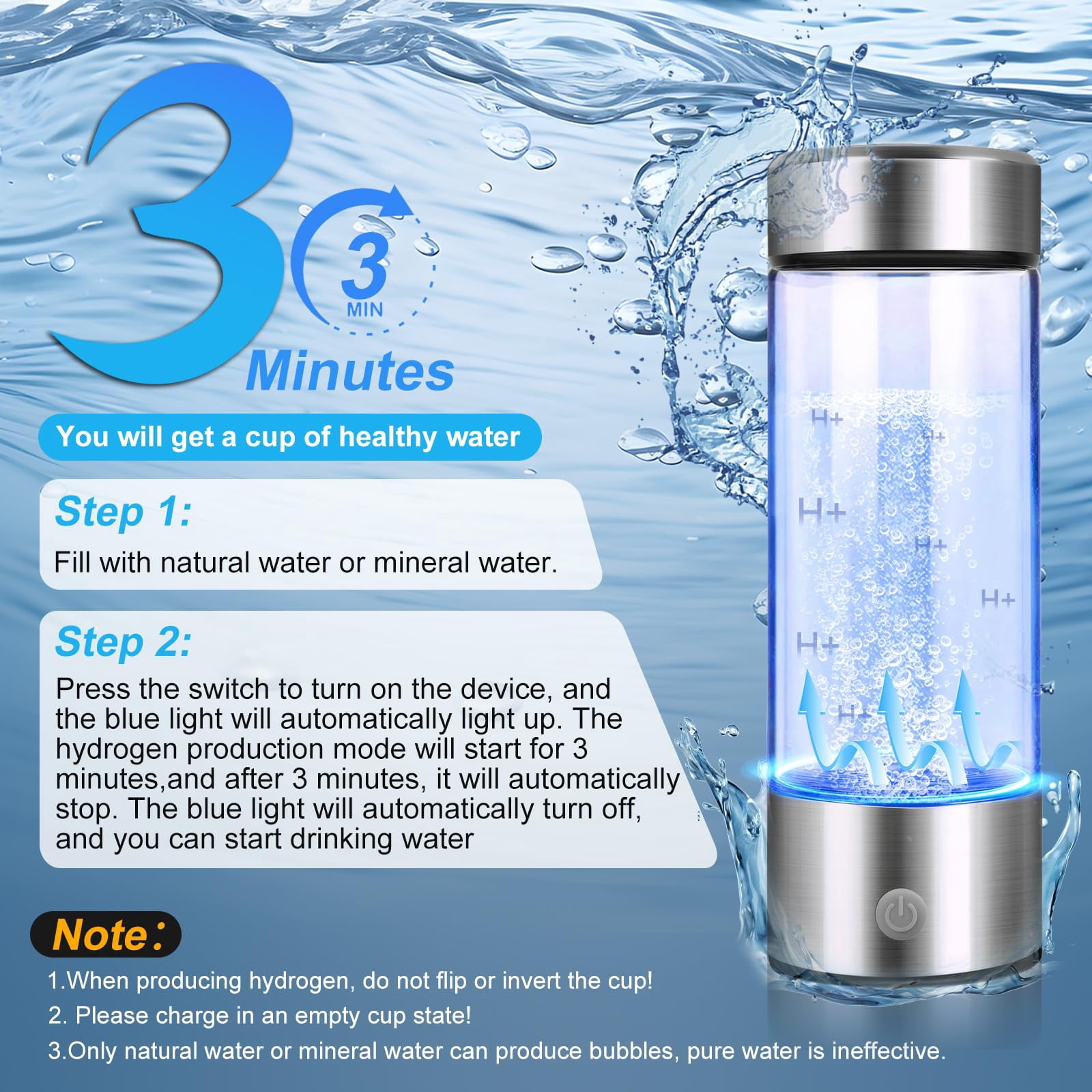 Ninonly 420ml Hydrogen Water Bottle Silver, Water Glass Healthy Cup Rechargeable Hydrogen Water Bottle Hydrogen Rich Water Glass for Home Travel Office