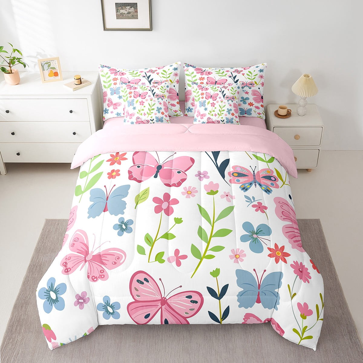 jejeloiu Colorful Cute Flower Twin Bedding Sets 7-Piece,Chic Kawaii Butterfly Bedding Comforter Set,Plant Floral Leaves Sheet Sets For Girls Kids,Microfiber Room Decoration Reversible