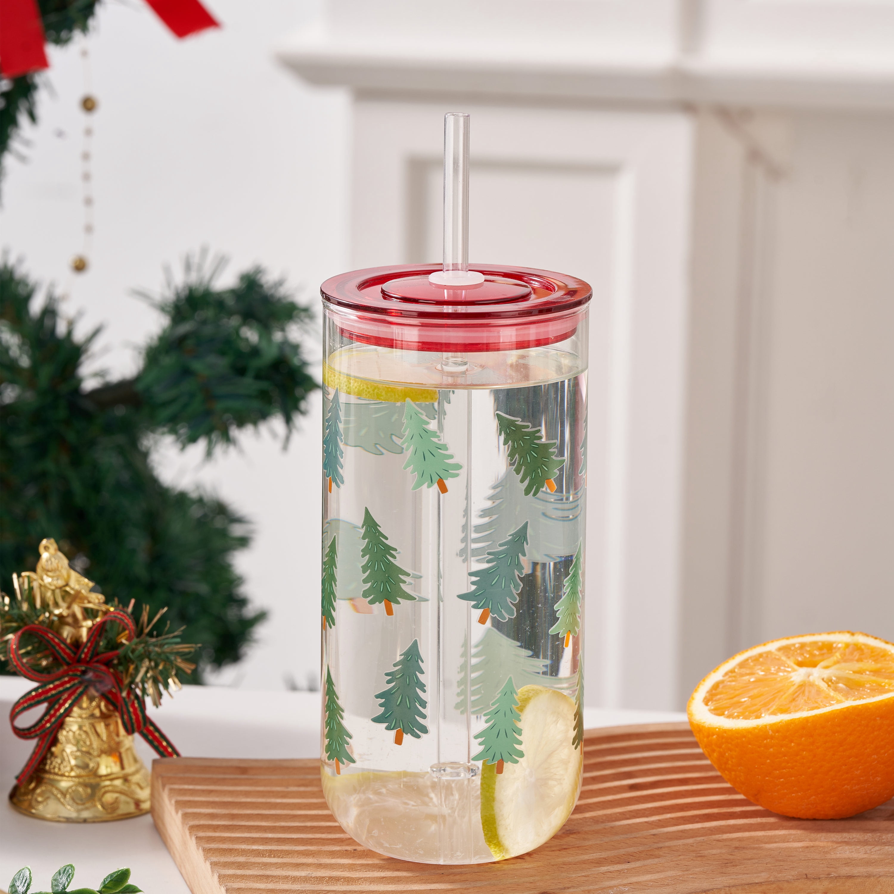 Christmas Trees Can Sipper Glass with Lid 20 OZ Holiday Time