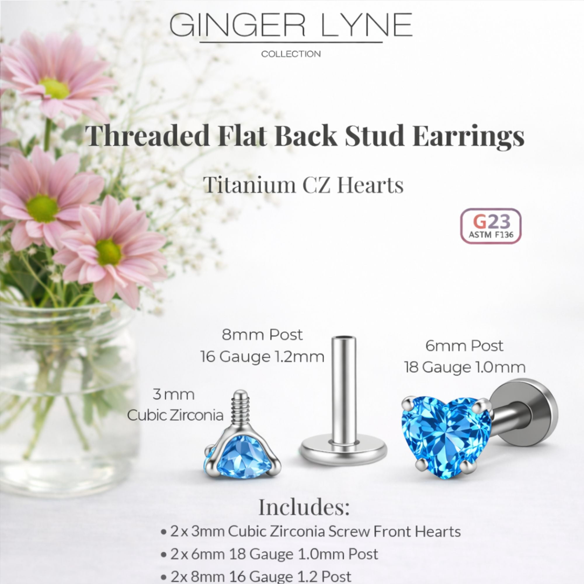 Small Heart CZ Solitaire Flat Back Stud Earrings Titanium Body Piercings by Ginger Lyne 2 Sets Post 6mm 8mm