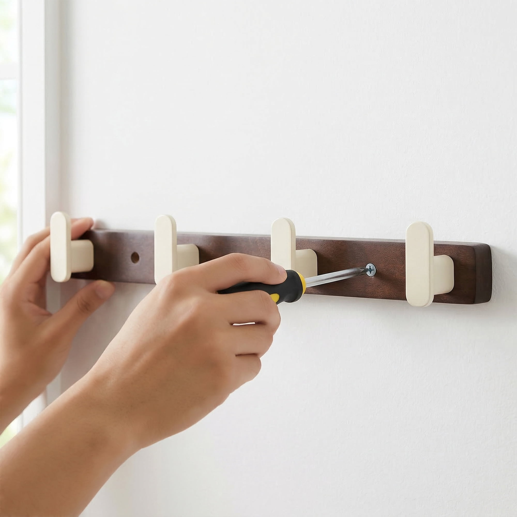 Unique Bargains Coat Rack Wall Mount Aluminum Wood 4 Hooks for Hanging Entryway White