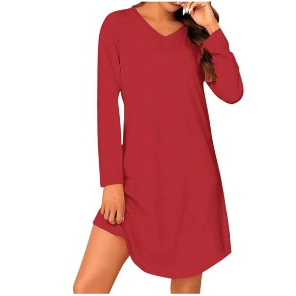 Tumotour Pullover Tunic Dress For Women Mini Fall Nightdress V-Neck Housecoat Long Sleeve Nightgown With Pockets