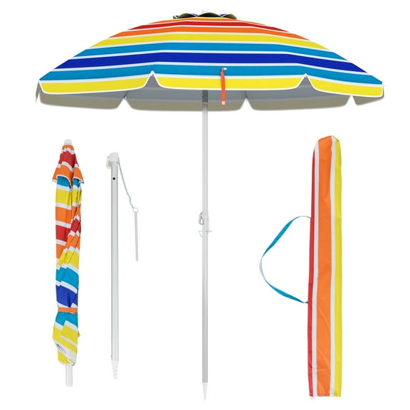 Topbuy 6.5FT Beach Umbrella Portable Outdoor Sunshade Parasol with Sand Anchor UPF50 Sun Protection Colorful