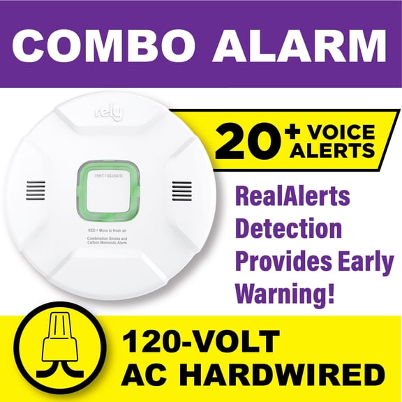 Rely 7400 2-in-1 Smoke & Carbon Monoxide Detector — Hardwired AC Powered with Battery Backup - RealAlerts Voice & LED Warning System - Photoelectric Smoke and CO Detector - Interconnect - 1 Pack