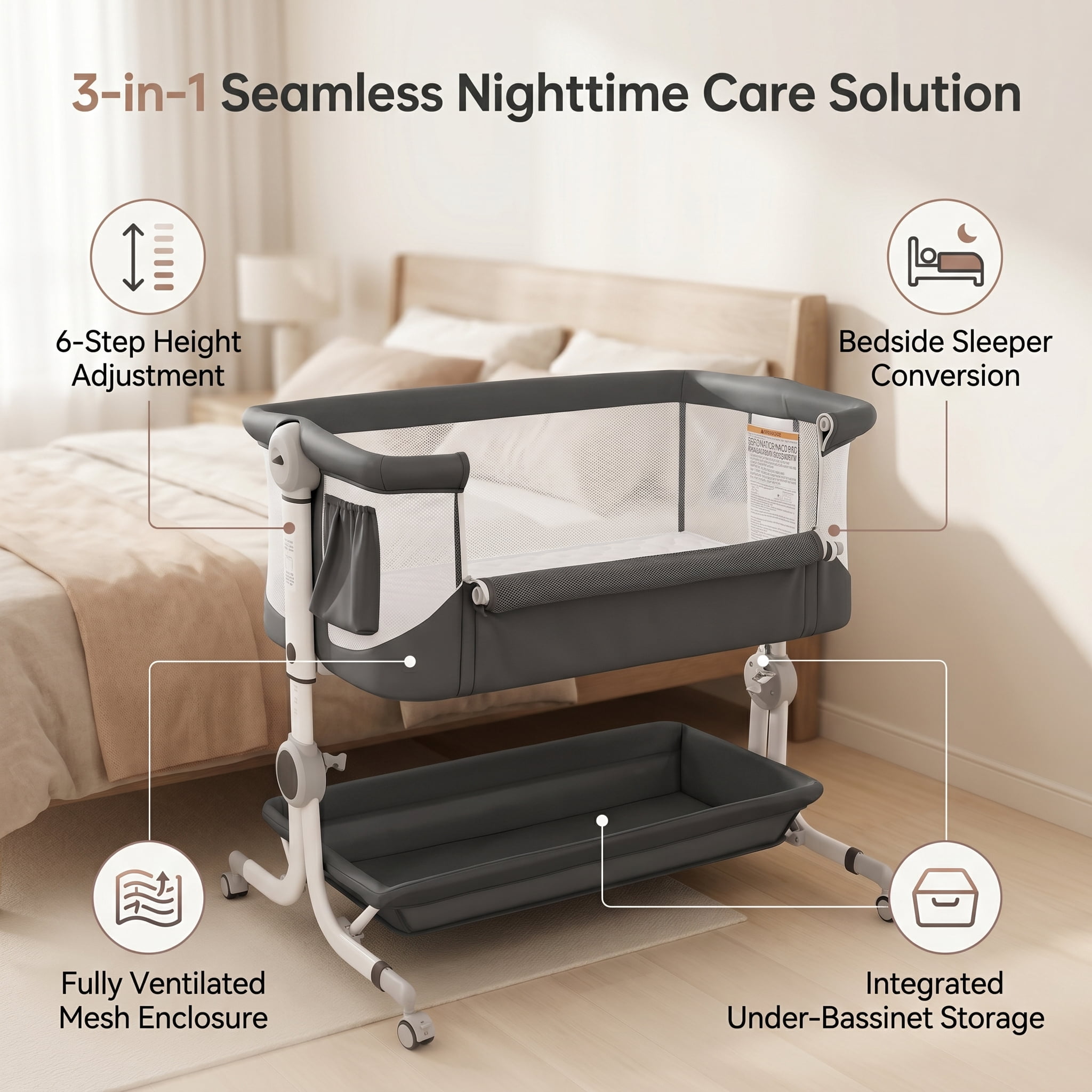 Moveasy Baby Bassinet, with Adjustable Height, Breathable Mesh Sides, Storage Basket, Wheels, Dark Gray