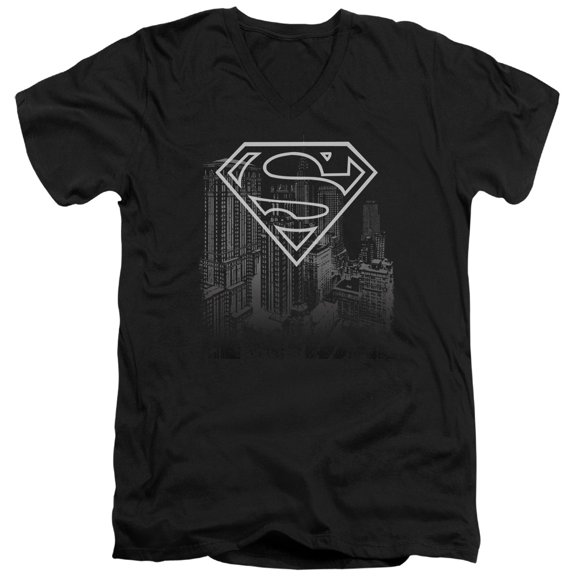 Superman Skyline Adult V-Neck T-Shirt Black