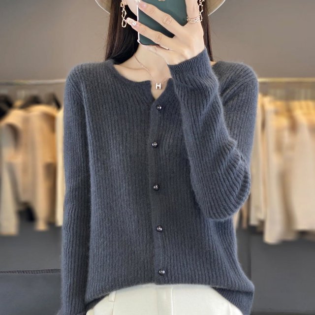 Cárdigan de lana merino 100 % con cuello redondo de color sólido para mujer, chaqueta holgada de otoño e invierno, nuevo suéter de punto con cuello en V, top de moda