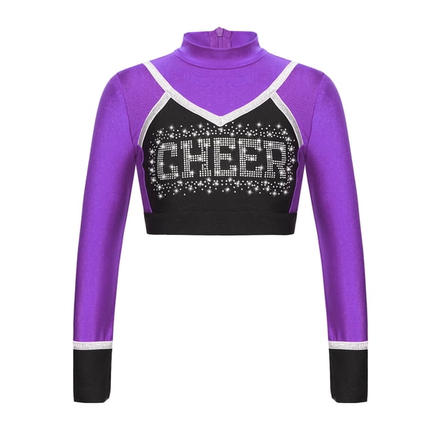 CHICTRY Girls Cheerleading Cropped Tops Shiny Rhinestone Contrast Color Long Sleeve Mock Neck Gymnastic Dance Tee Purple 12