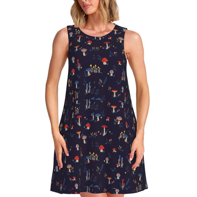 Fotbe Mushrooms3 Vestido de Verano sin Mangas para Mujer – Vestido Midi Línea A, Estilo Camiseta Floral, Vestido Playero Casual y Fluido