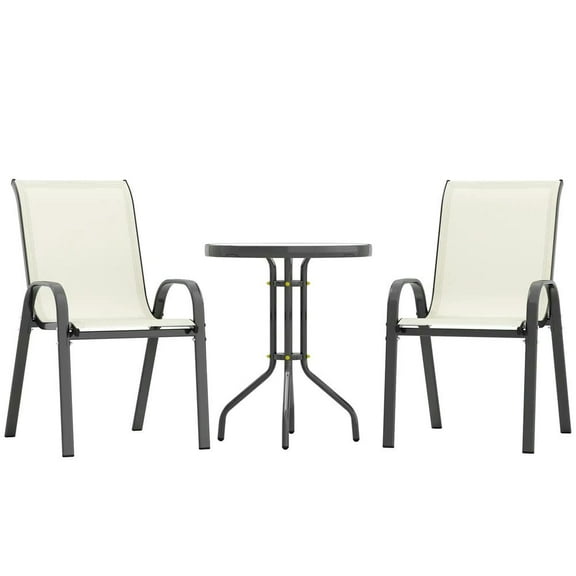 Topcobe 3 Pieces Bistro Set, Small Patio Furniture Set with Stackable Chairs and Glass Table, Outdoor Patio Furniture for Garden Backyard Pool Deck, Beige