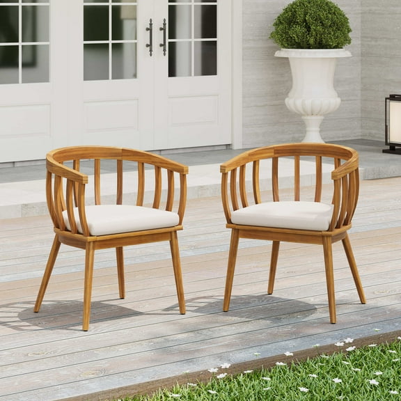 Christopher Knight Home Rustic Outdoor Dining Chair, Natural Wood with Slatted Back, Beige Cushion, Set of 2