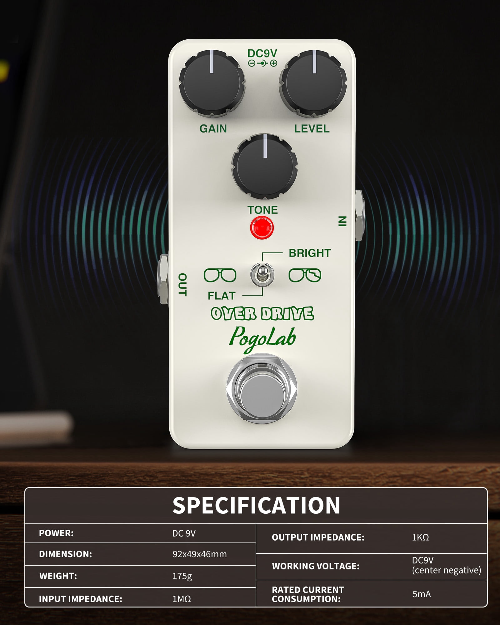 POGOLAB Overdrive Pedal Overdrive Guitar Pedal with Two Effects Bright and Flat True Bypass DC 9V Mini Pedal for Electric Guitar