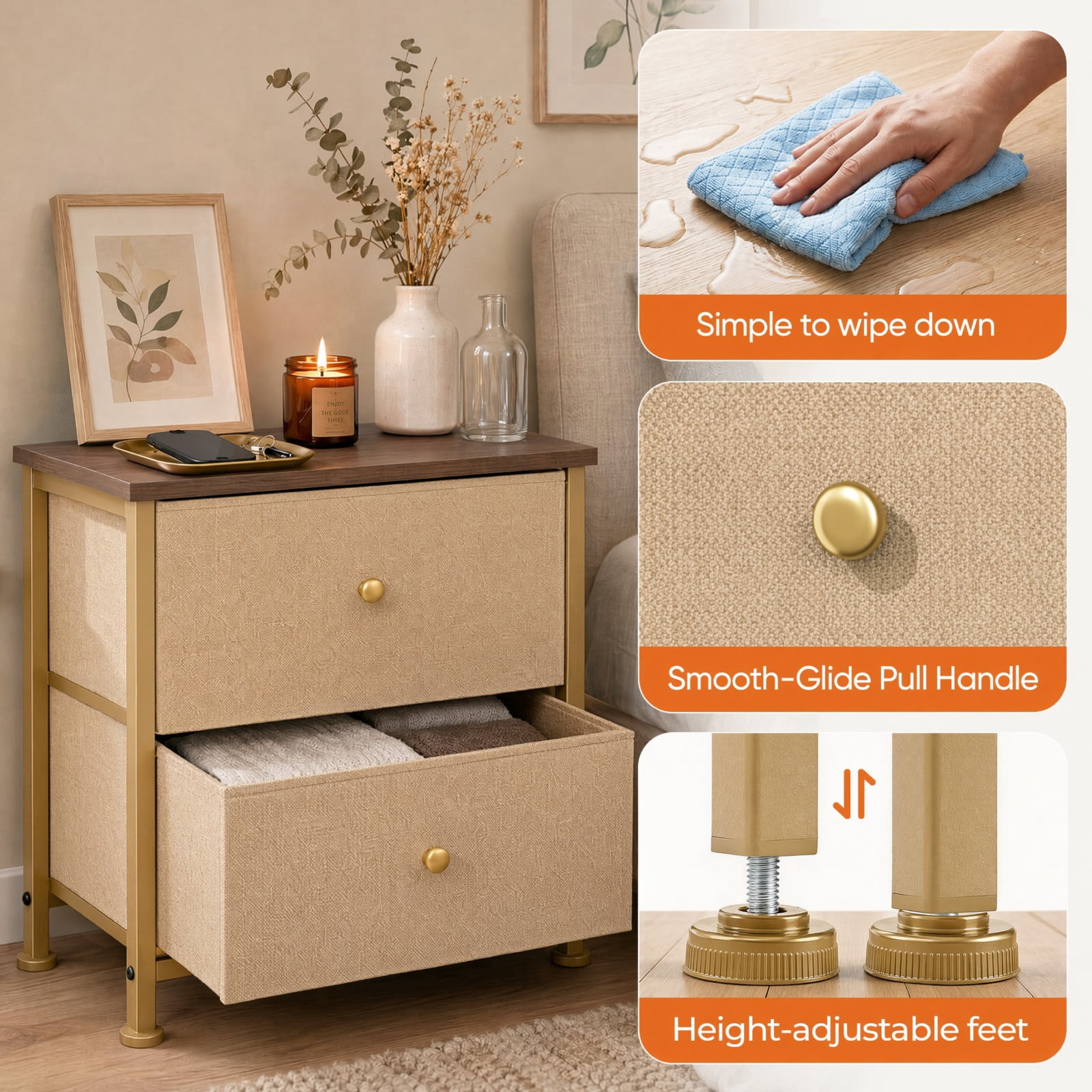 Telyra Fabric Nightstand with 2 Drawers 20" Bedside Table with Wood Top and Steel Frame Small Storage Organizer, Khaki