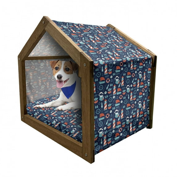 Anchor Pet House, Nautical Arrangement with Ship Captain Boats Helm and Compass, Outdoor & Indoor Portable Dog Kennel with Pillow and Cover, 5 Sizes, Vermilion Pale Blue, by Ambesonne
