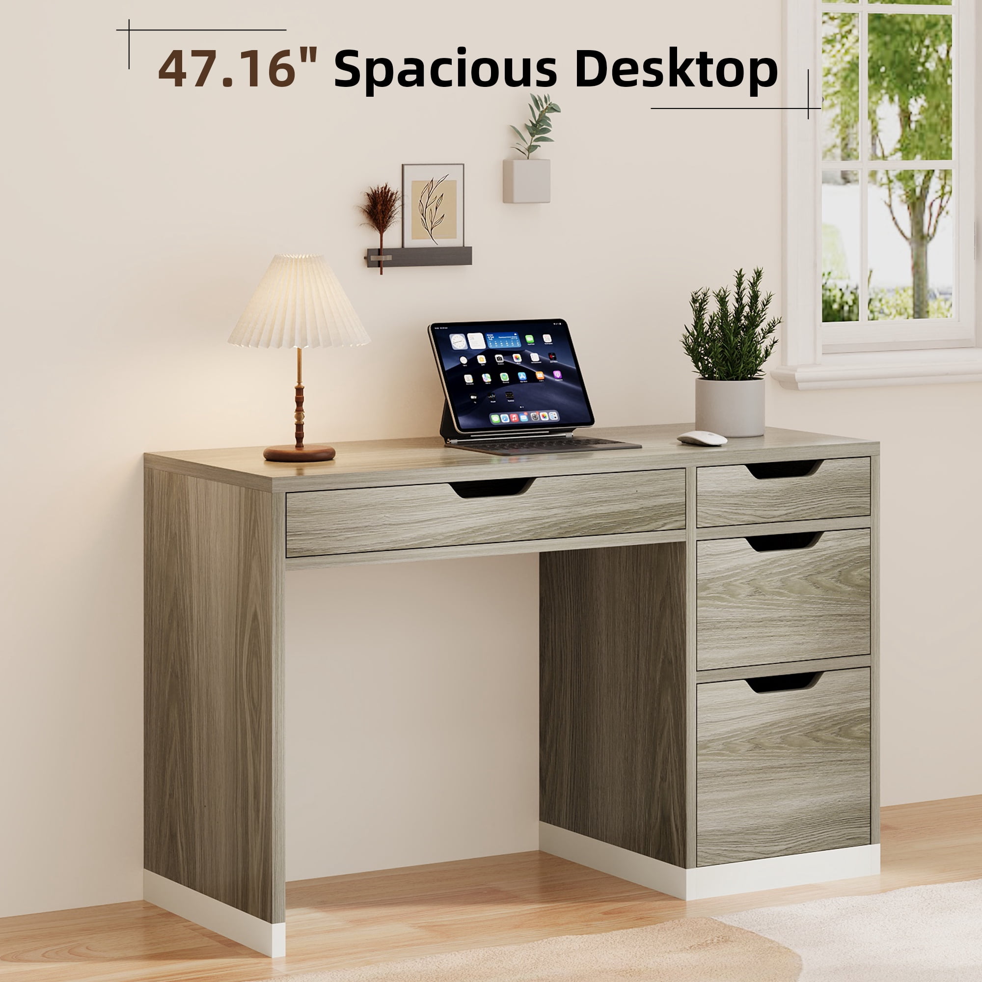 4 EVER WINNER 48" Computer Desk with Drawers, Home Office Desk with White and Walnut Finish, Study Writing Desk with Spacious Legroom for Bedroom & Office
