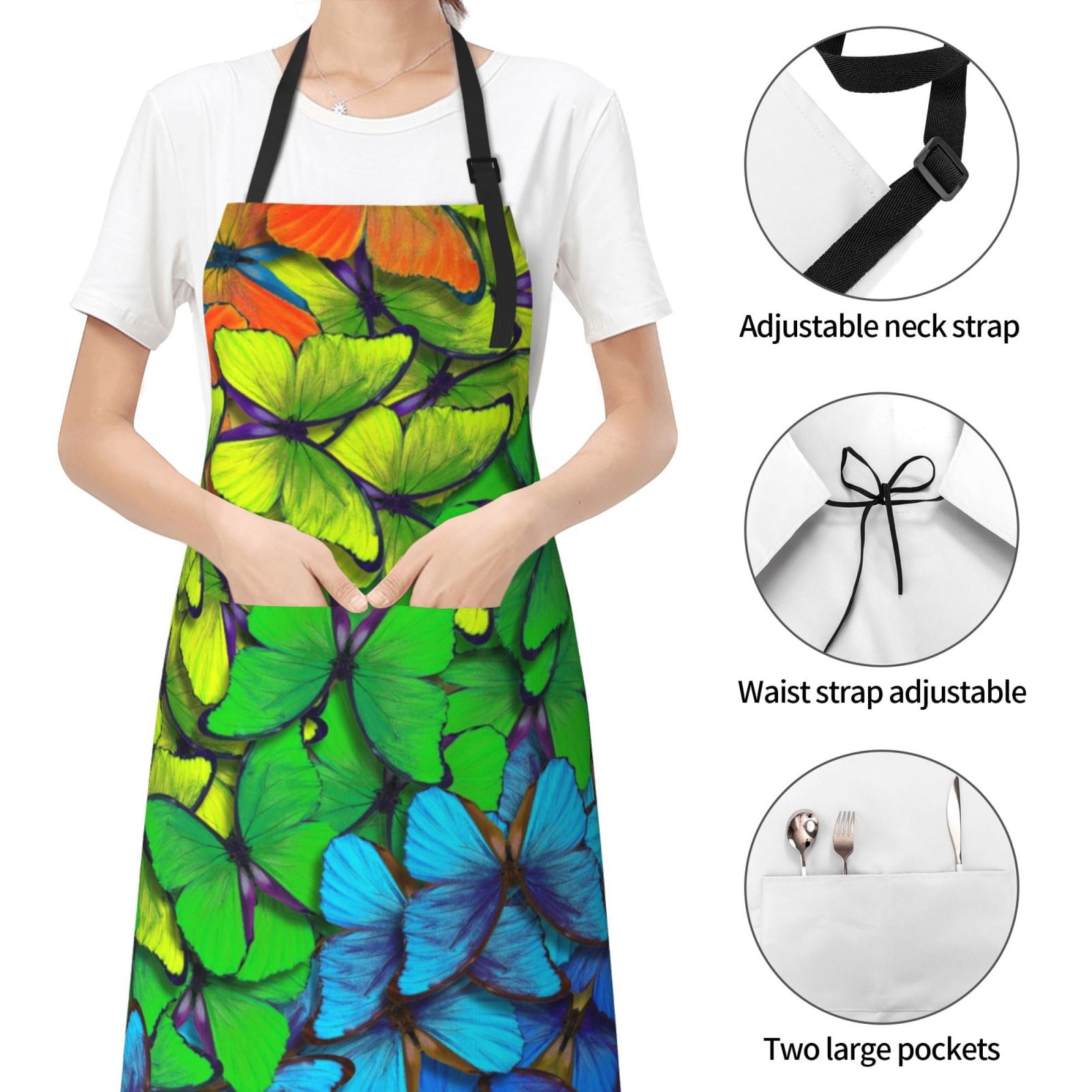 Kdxio Rainbow Butterflies Apron with Pockets Adjustable Kitchen Aprons for Men Women Waterproof Aprons for Cooking,Drawing,Crafting, Baking Household Cleaning