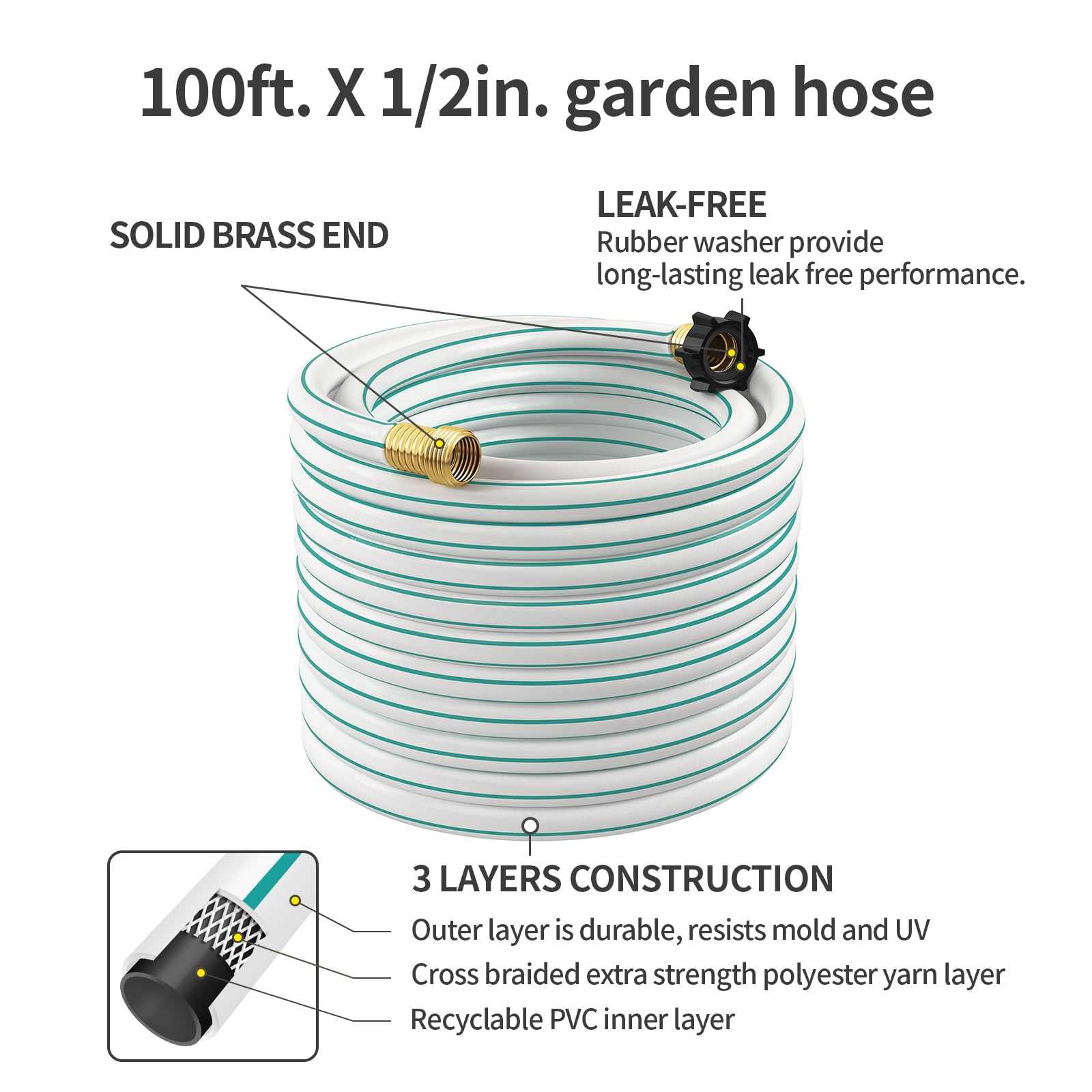 Garden Hose 100ft x 1/2", Lightweight Water Hose, No-Kink, Leak Free, Flexible Hose for Lawns, Male to Female 3/4" GHT Fittings(White)